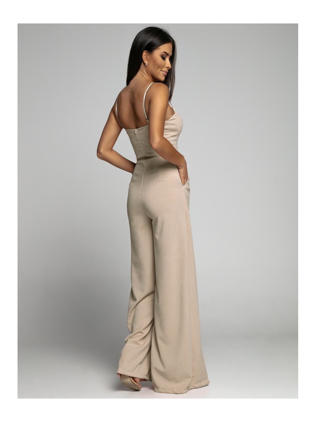 Elegant jumpsuit with straps and slits, beige AZRT035